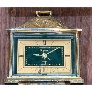 Vintage Bulova Quartz Small Gold & Green Desk Alarm Clock Tested Runs